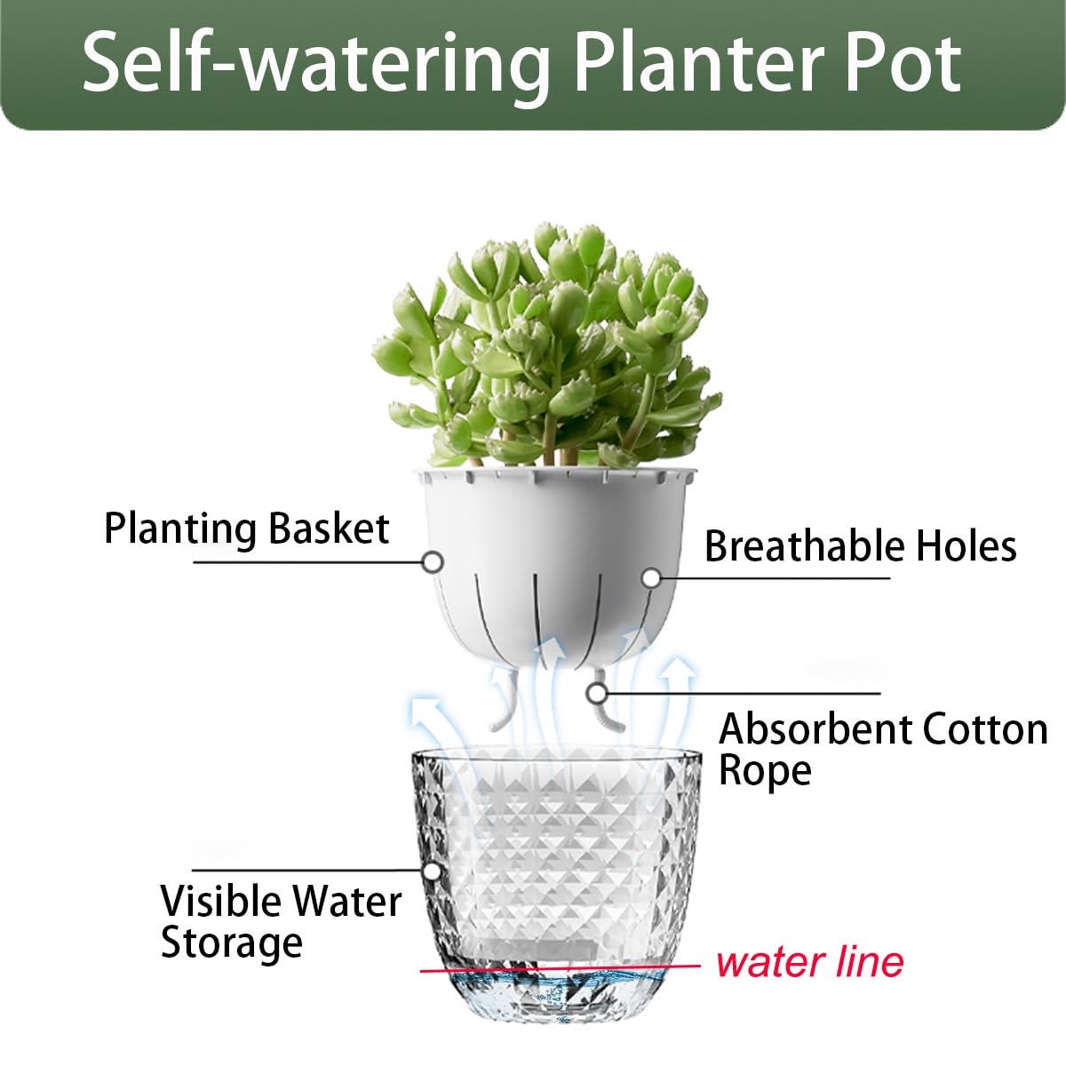 XKYQSY 4 Pack 4 inch Self Watering Pots Planters for Indoor Plants, African Violets Pots with Wick Rope, Modern Plastic Nursery Pots for All House Plants,Flowers Succulents,Herbs,Cactus,Orchids