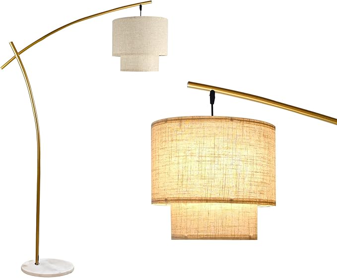 Lightdot Arc Floor Lamp for Living Room, Modern Standing Tall Lamps with Double Linen Shade, Tall Hanging Pole Lamp with Stable Base & Bulb Included for Bedroom/Sofa Beside/Corner Decor-Gold