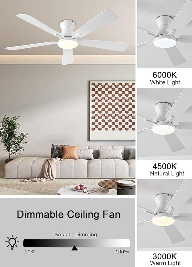 Ceiling Fans with Lights, 52Inch Low Profile Ceiling Fan with Light and Remote/App Control, Modern Flush Mount White Ceiling Fan, 3CCT Dimmable, Reversible DC Motor, for Living Room,Bedroom