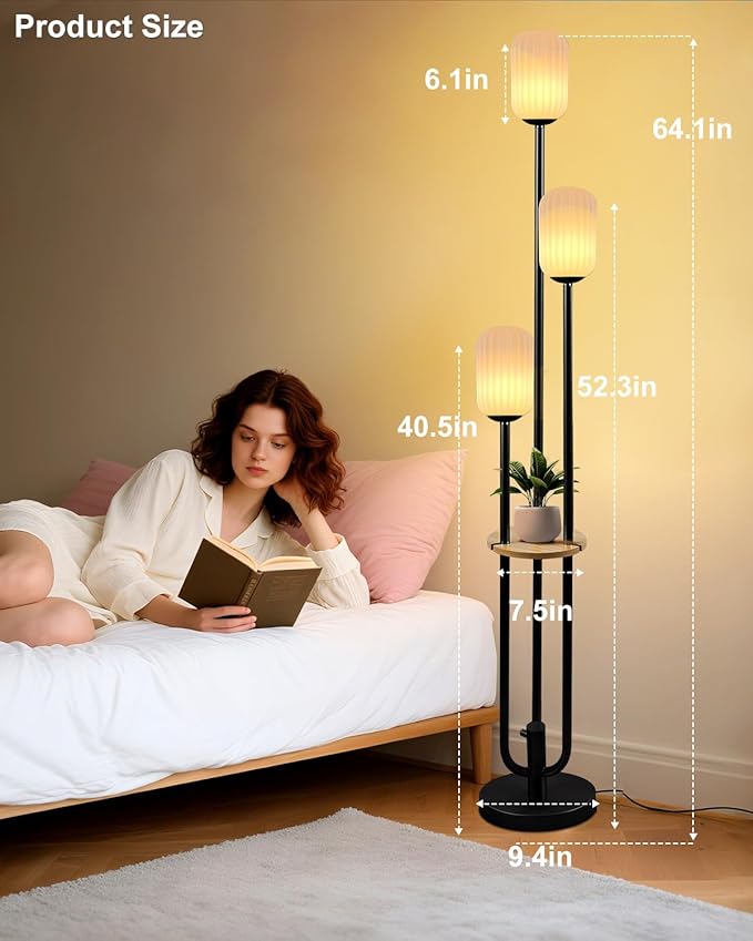 Black Dimmable Floor Lamp with Table, Modern Floor Lamps with Oval Striped Lampshade 3000K Soft Warm White 3-Lights Candle Holder Style Tall Lamp for Living Room/Bedroom