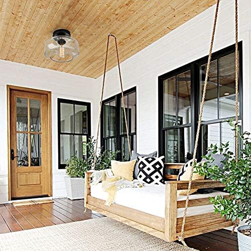SunRider Industrial Semi-Flush Mount Ceiling Light Fixture, Modern Seeded Glass Pendant Lamp, Black Farmhouse Hanging Lighting for Bedroom Hallway
