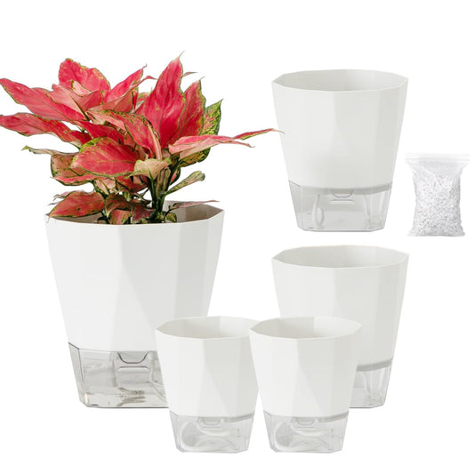 5 Pack Self Watering Pots for Indoor Plants, 5/6.7/8.4 Inches Self Watering Planters African Violet Self Watering Clear Pots for Plants Herb Orchid Flower Houseplant Pots, White