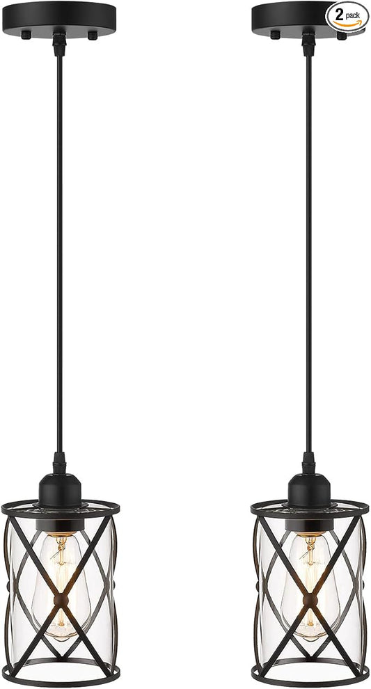 Glass Pendant Lights Kitchen Island 2 Pack, Black Mini Pendant Light with Clear Glass, Farmhouse Industrial Cage Hanging Lighting for Kitchen Sink Dining Room Bathroom, CH9176-1-2PK