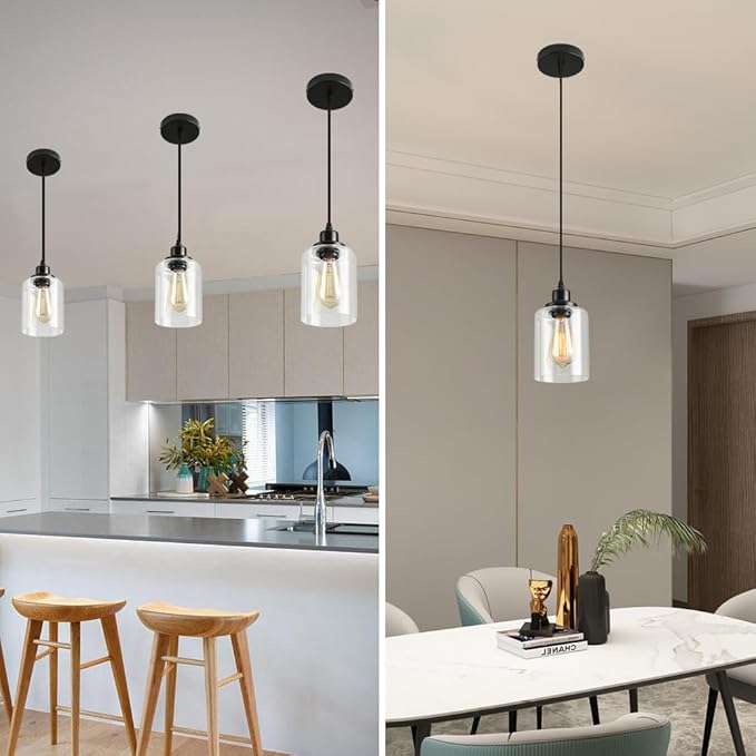 3 Lights Industrial Pendant Light with Glass Shade Matte Black Pendant Lighting Adjustable Industrial Retro Style Hanging Light,Kitchen Island Farmhouse Pendant Lights Fixtures for Kitchen,Farmhouse