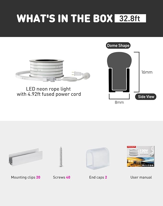 Shine Decor LED Rope Lights AC 120V, Connectable & Cuttable Dotless 120LEDs/M Eco Neon Strip Lighting, ETL IP65 Waterproof & Weather-Resistant for Home Commercial, 8x16mm, 6000K Cool White, 32.8FT