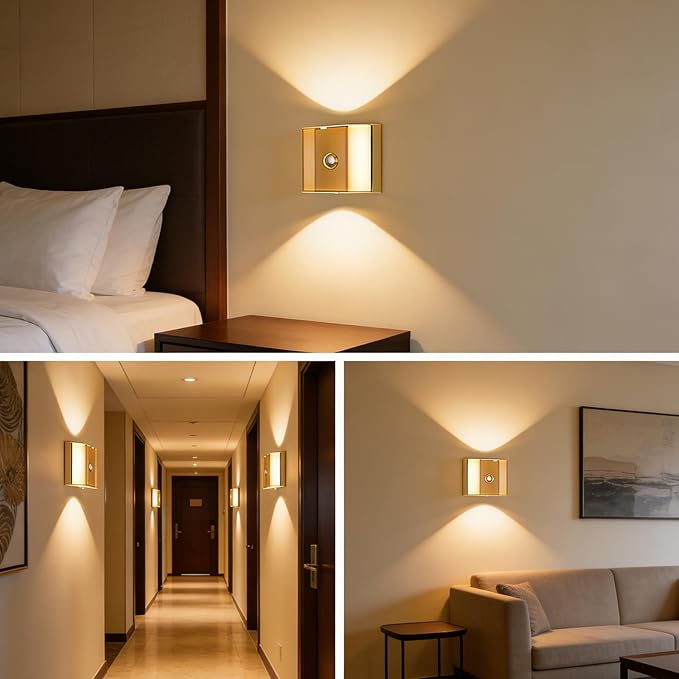 2 Pack Motion Sensor Wall Light, Rechargeable Wall Sconce with 3 Color Temperatures and Brightness Adjustable, Wireless Magnetic Mount for Bedroom, Stair, Hallway, Closet (Gold)