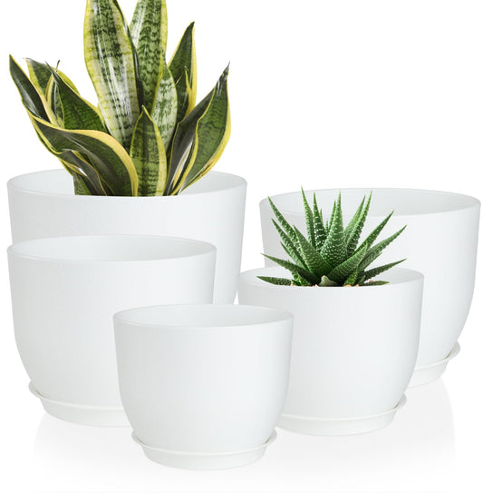 YNNICO Plant Pots 10/9/8/7.5/7 inch Flower Pots with Multi Mesh Drainage Holes, Planters for Indoor Outdoor Garden Plants and Flowers. (White)