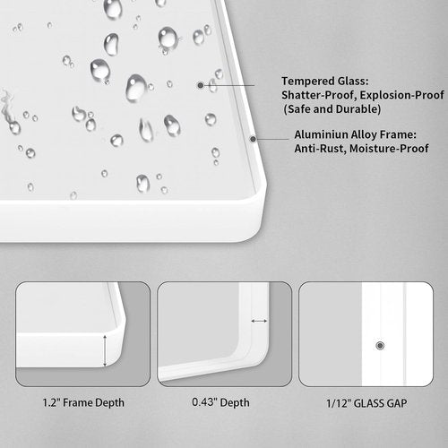 LOAAO White Metal Framed Bathroom Mirror - Large 40x32 Inch Rounded Rectangle, Anti-Rust Tempered Glass, Versatile Hanging Options