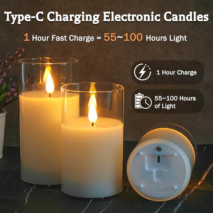 Rechargeable Flameless Glass Pillar Candles–Easter Flameless Candles Decorations,–Set of 3, Realistic Flickering LED Light,Remote & Timer, Ideal for Living Room, Bedroom & Easter Décor