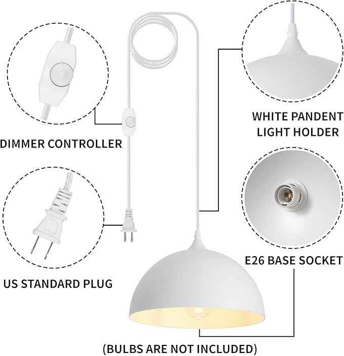 White Plug in Pendant Light,2 Pack 11.8inch Hanging Lights with Plug in Cord 14.7 ft, Hanging Pendant Light,Hanging Lamp Plug in for Bedroom Living Room Kitchen Island
