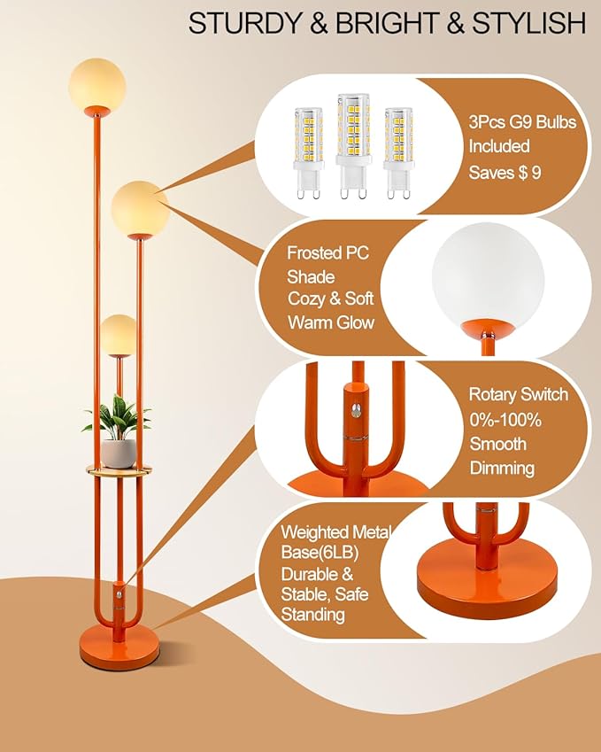 Lightdot 63IN Orange Floor Lamp with Shelf Mid Century Modern Tall Standing Lamps with 3000K Warm White Bulb Included Dimmable Globe Floor Lamp for Living Room/Party/Sofa Beside/Corner Decor