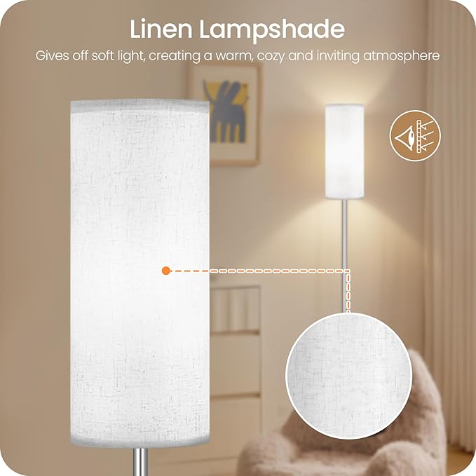 Dimmable Floor Lamps for Living Room with Remote and Foot Switch, 64.4” Modern Standing Tall Lamp, Corner Lamp for Office, Bulb Included, 3000K-6500K, Silver and Off-White SW06LD05W1