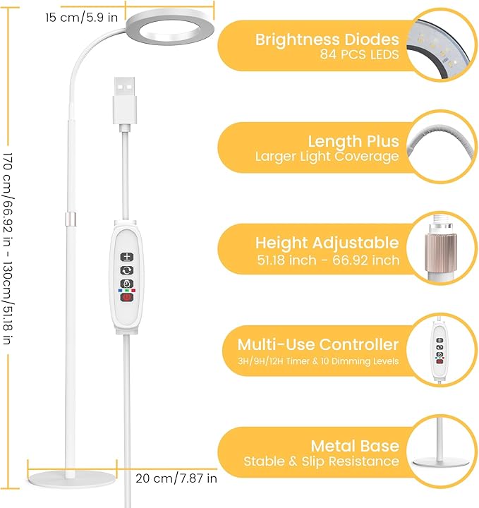 Plant Grow Light for Indoor Plants, Full Spectrum Grow Lamp with Pedestal Stand, Automatic Timer for 3H/9H/12H, Height Adjustable 51-67in White