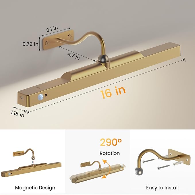 Brass Wireless Picture Light for Wall with Motion Sensor – 16'' Remote with 3CCT Dimmable Art Light for Paintings, 5000mAh Rechargable Painting Light for Artworks,Photos (1Pack