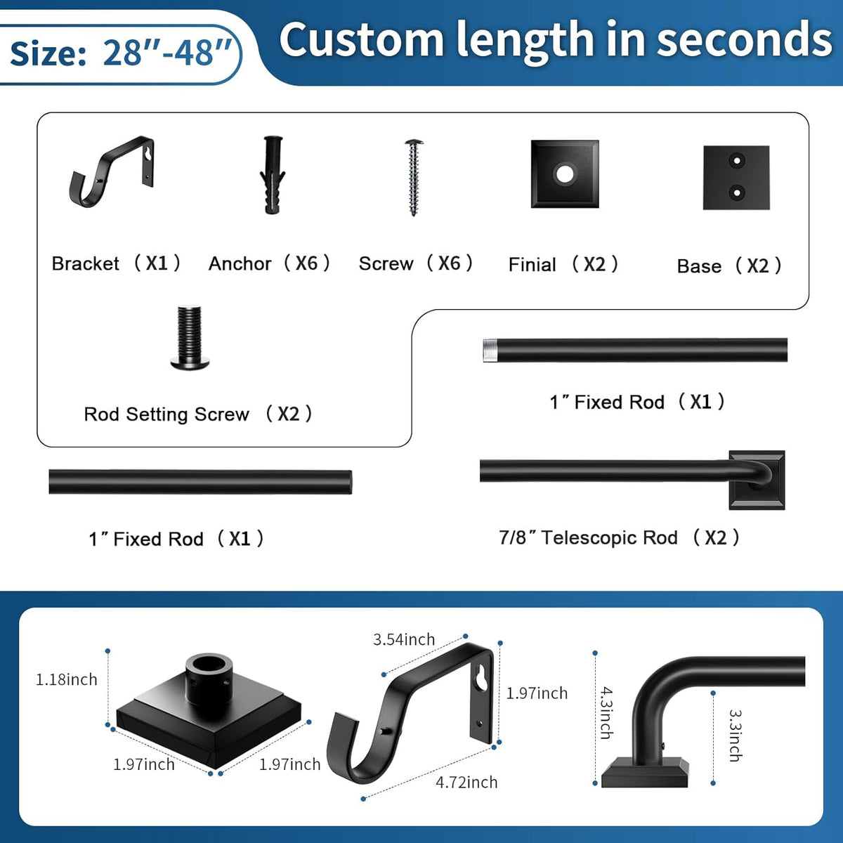 Skiennix Heavy Duty Black Curtain Rods - Adjustable 28-48 Inch French Return Design for Room Darkening