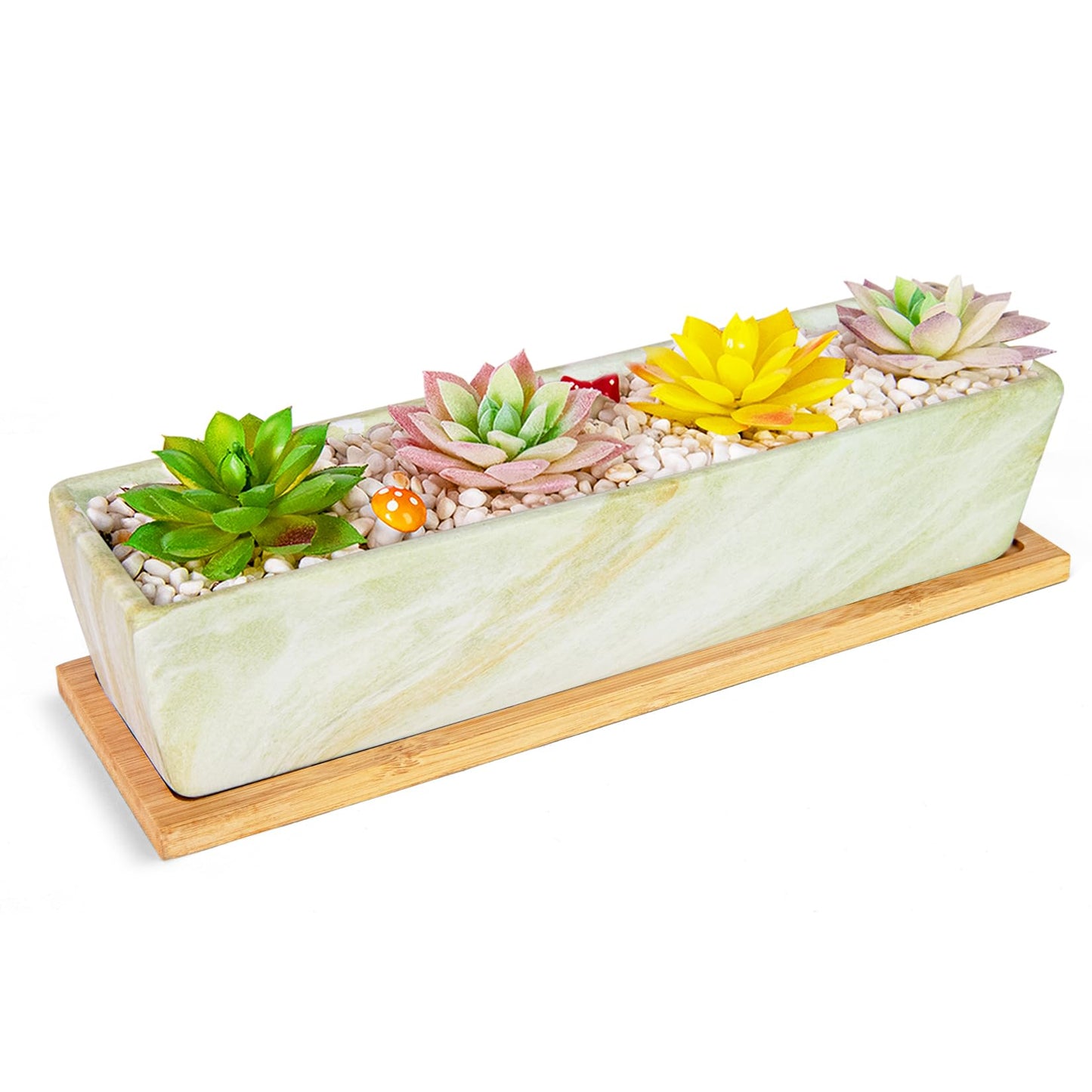 Succulent Pots - 12.1 Inch Large Succulent Pots with Drainage Tray, Window Sill Planter, Long Rectangle Ceramic Pots for Indoor Cactus/Succulent Plants Shallow Bonsai Window Box for Home Garden Decor