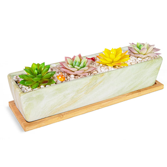 Succulent Pots - 12.1 Inch Large Succulent Pots with Drainage Tray, Window Sill Planter, Long Rectangle Ceramic Pots for Indoor Cactus/Succulent Plants Shallow Bonsai Window Box for Home Garden Decor