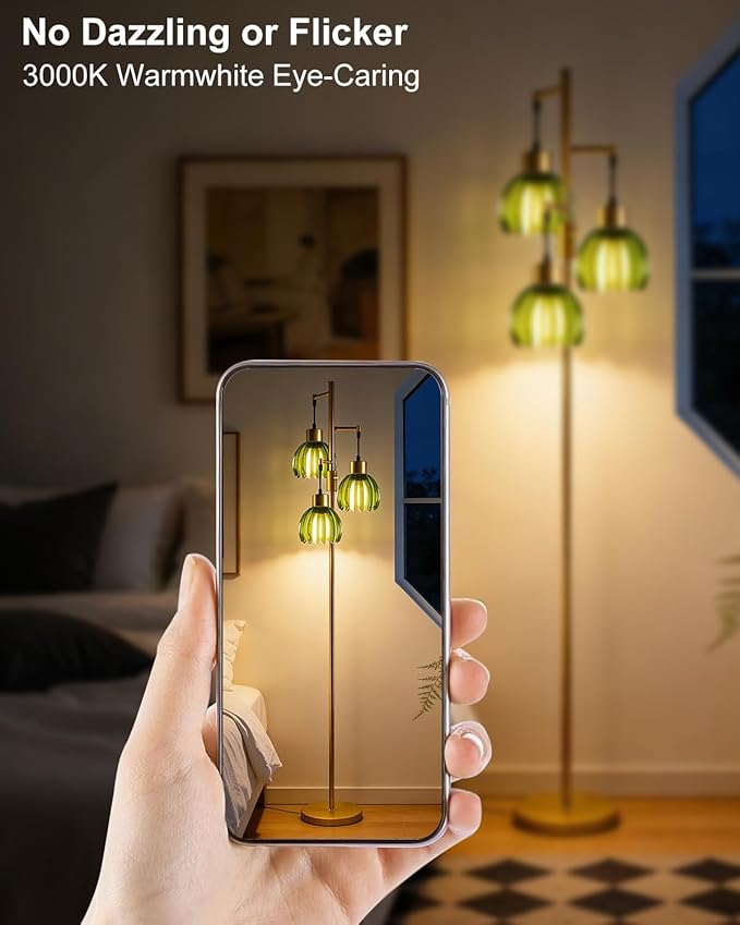 Lightdot 65'' Glass Floor Lamp Dimmable Gold Floor Lamps with Green Lotus Glass Shade& 3000K Bulbs Included 3-Lights Modern Tall Standing Lamp for Living Room/Bedroom/Sofa Beside/Corner Decor