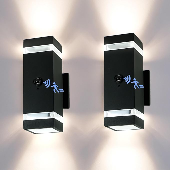 Motion Sensor Outdoor Wall Lights with 3 Lighting Modes, Dusk to Dawn Porch Light with Bulbs Include, IP65 Waterproof Modern Black Wall Sconce for Patio, Garage, Front Door