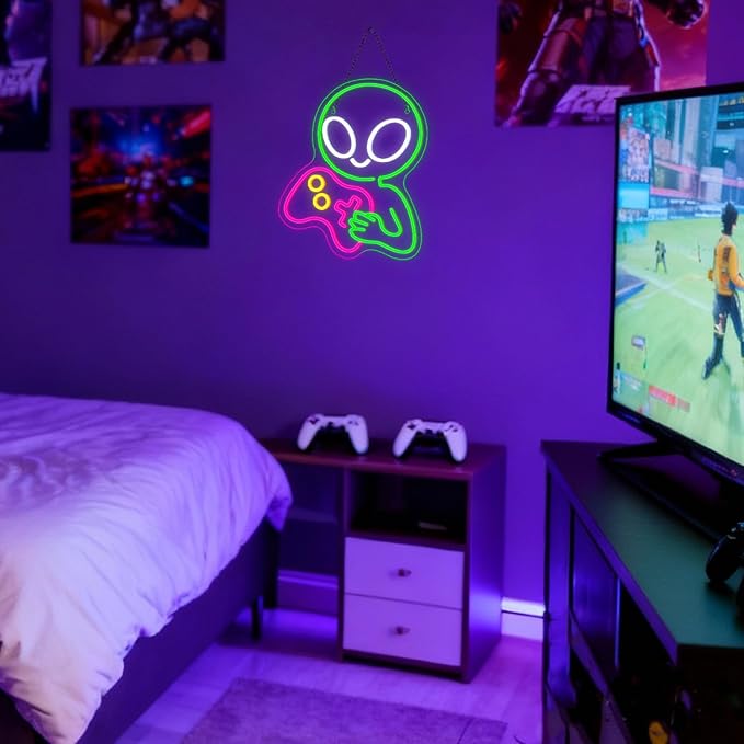 LUCUNSTAR Game Alien Neon Sign Gaming Dimmable Led Neon Lights for Wall Decor Game Room USB Powered For Man Caves Club Gamer Lover Teens Bedroom Home Decor Boys Gift