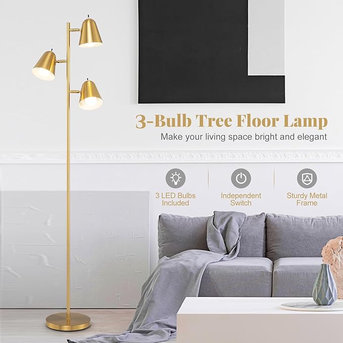 Tangkula 3-Light Floor Lamp, 64" Mid Century Modern 3 Light Tree, Standing Tall Pole Lamp with 3 A19 LED Bulbs and Adjustable Heads, 3 E26 Base, Reading Light for Living Room & Bedroom (Golden)
