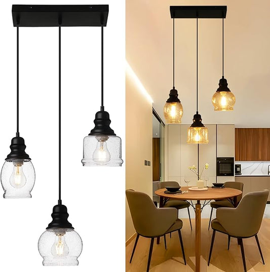 WILON Industrial Pendant Lighting, Pendant Lights for Kitchen Island 3 Light Glass Pendant Light Fixture with Seeded Glass Shade, Adjustable Cord Farmhouse Ceiling Light Black finish Linear Chandelier