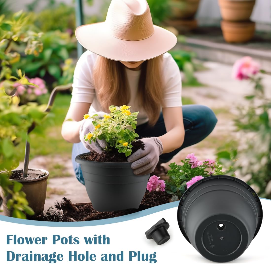 RooTrimmer 3 Pack 11 Inch Plant Pots with Drainage Hole and Plug,Plastic Flower Pots for Indoor & Outdoor Plants,Lightweight Plant Pots Perfect for Herbs,Flowers & Succulents(Gray)