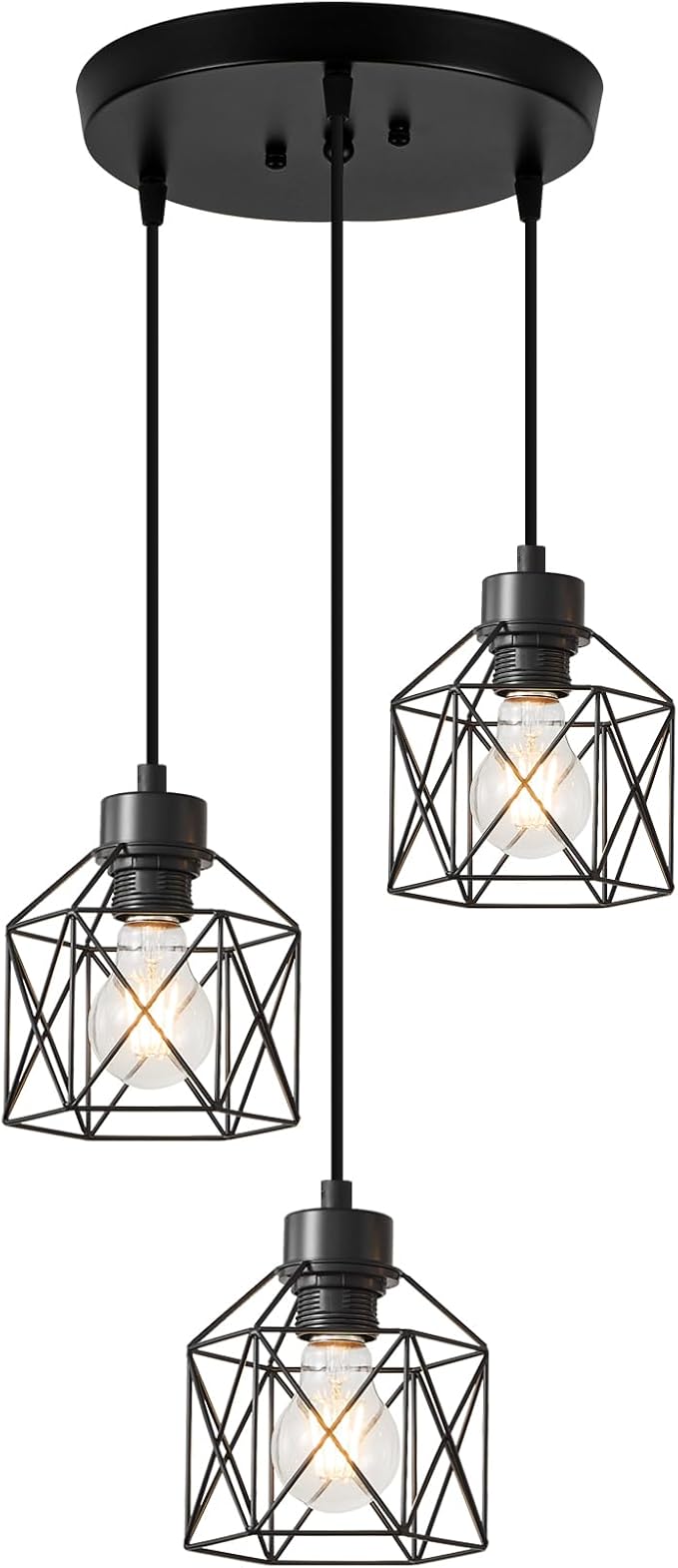 3-Light Pendant Light Fixtures, Farmhouse Hanging Pendant Lighting, Dining Room Chandelier, Industrial Kitchen Island Hanging Light Fixture, Black Metal Cage Pendant Ceiling Lamp for Kitchen