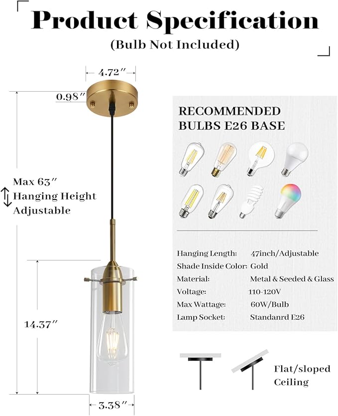 Blown Glass Pendant Light, Gold Pendant Light Kitchen Island 1 Pack, Glass Kitchen Pendant Lights, Island Pendant Lights for Kitchen, Living Room, Dining Room, Bar