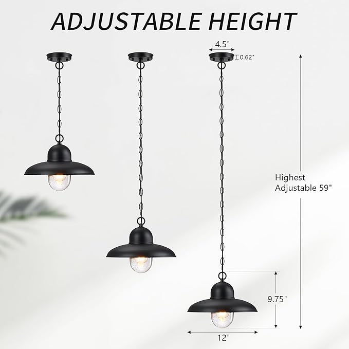 Outdoor Pendant Lights for Porch 12", Outdoor Farmhouse Hanging Light Fixture with Adjustable Chain and Bubble Glass, Black Rustic Exterior Pendant Light for Front Door, Gazebo, Entryway, Patio