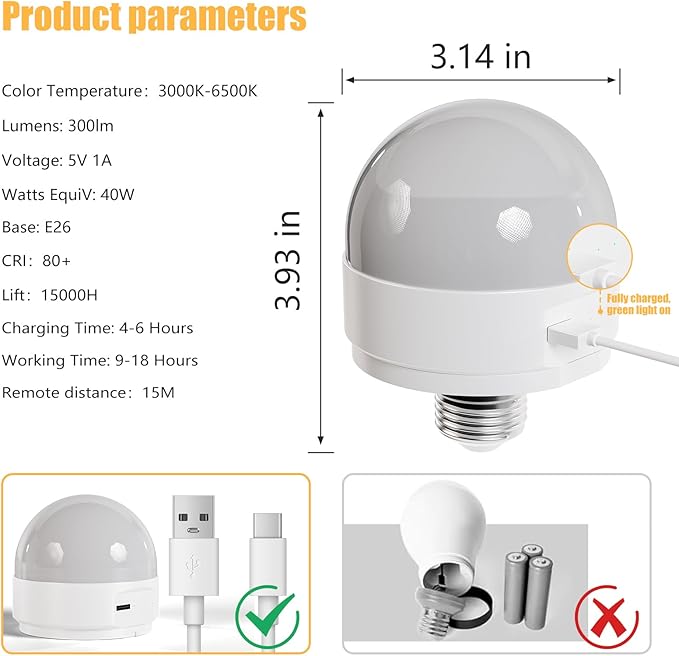 E26 2.4Ghz Rechargeable Light Bulb with Remote Control,Battery Operated Light Bulb for Sconces and Lamps, E26 Detachable Charging for Non-Hardwired Fixture,Dimmable 3000K-6500K RGBWW,2Pack