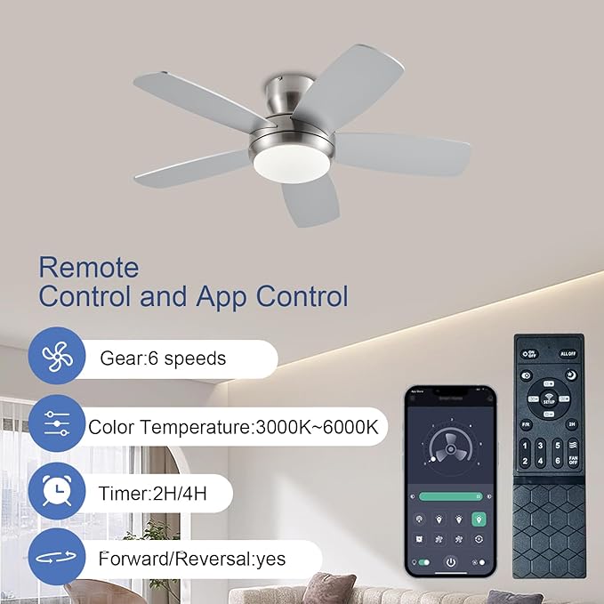 KNUN 42 Inch Ceiling Fan with Light and Remote/App Control, Low Profile Ceiling Fans with Lights,Flush Mount, Double-sided Blades, 3CCT, Dimmable, Noiseless, Nickel Ceiling Fan for Indoor/Outdoor Use