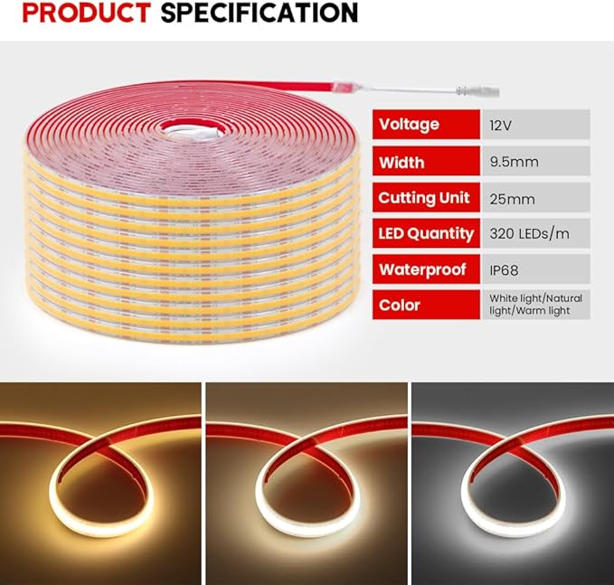 12V COB LED Strip Lights 320 LEDs/M IP68 Waterproof Super Bright DC Flexible LED Tape Lights with Power Adapter for for DIY Bedroom Kitchen Home Decor