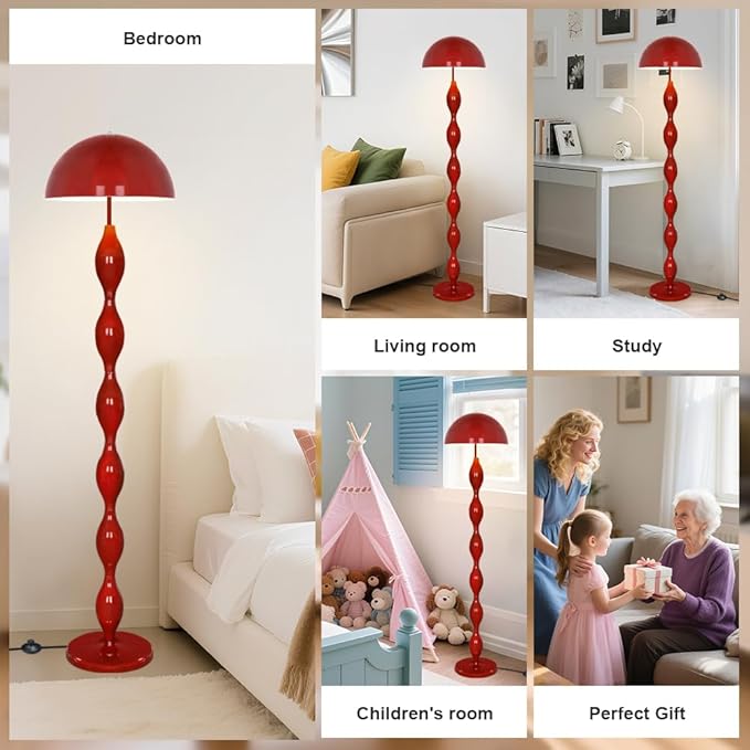 Unique Floor Lamp for Living Room,63" Creative Funky Red LED Mushroom Lamps,3 Colors Standing Light,Mid Century Modern Tall Floor Lamp with Iron Dome Shade for Bedroom,Office,Corner