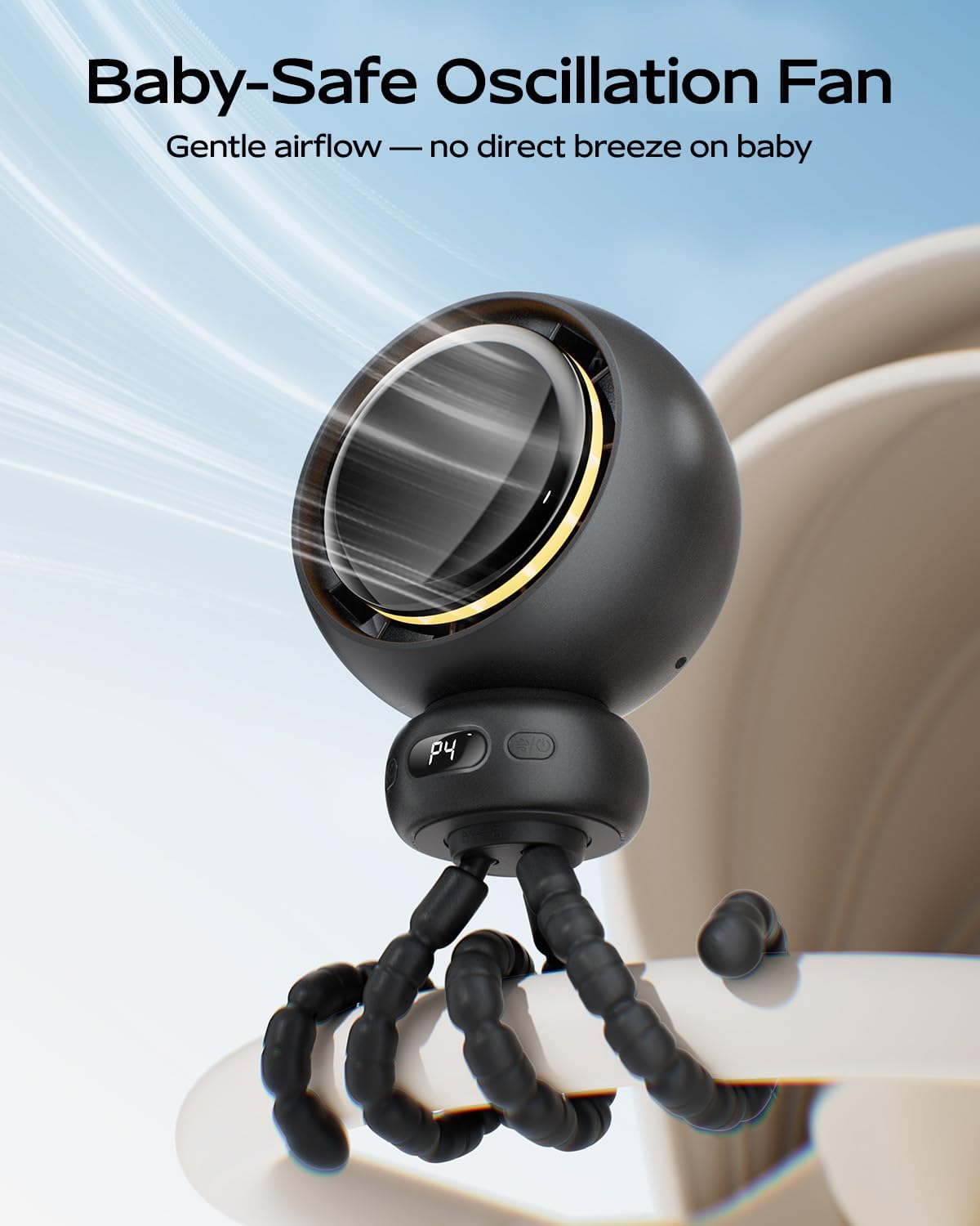 Mini Portable Stroller Fan - USB-C Rechargeable, 60° Auto Oscillation, 4 Speeds, Night Light & Flexible Tripod (Black)
