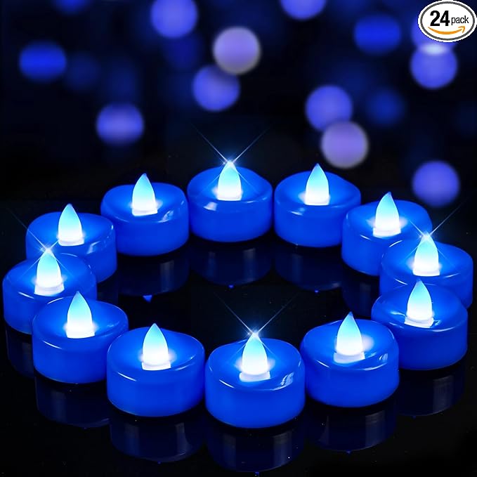 Flameless Candles, 24 Pack Tea Lights Candles Battery Operated, LED Tealight Candle, Realistic Tea Lights for Halloween Christmas Party Decor -D 1.5” x H 1.25” -Blue Candle