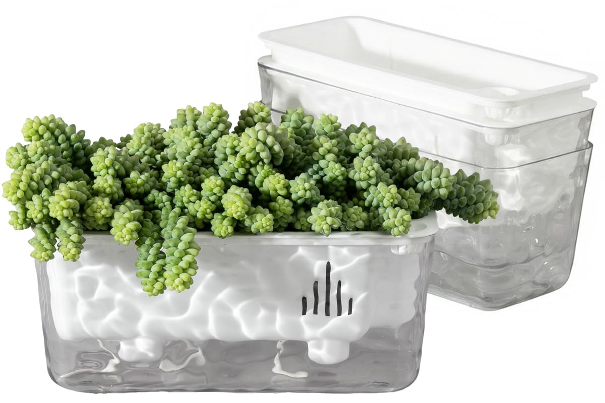 Qimodo 3 Pack Self Watering Rectangular Plant Pots, 11" x 5"x 5" Plant Containers with Drainage Holes, Rectangle Houseplant Window Planters for Succulents, Flowers,Herbs,Vegetables (White)