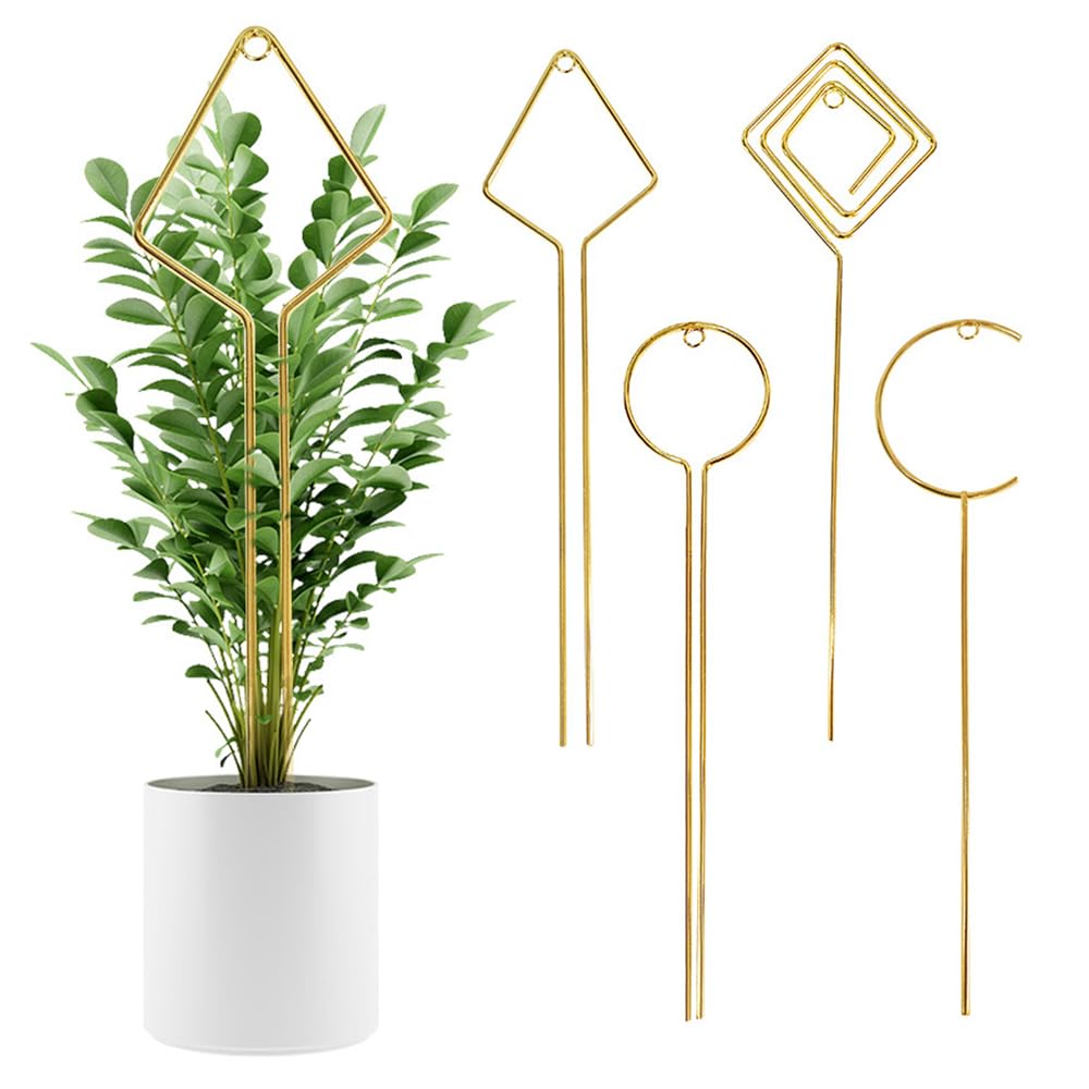 Elfzone Indoor Plant Trellis - 4 Pack Small Hoop Trellis Mini for Climbing Plants Indoor, 15.7 Inch Indoor Plant Trellis with Different Patterns, Vine Plant Support for Flower Pothos (Gold)
