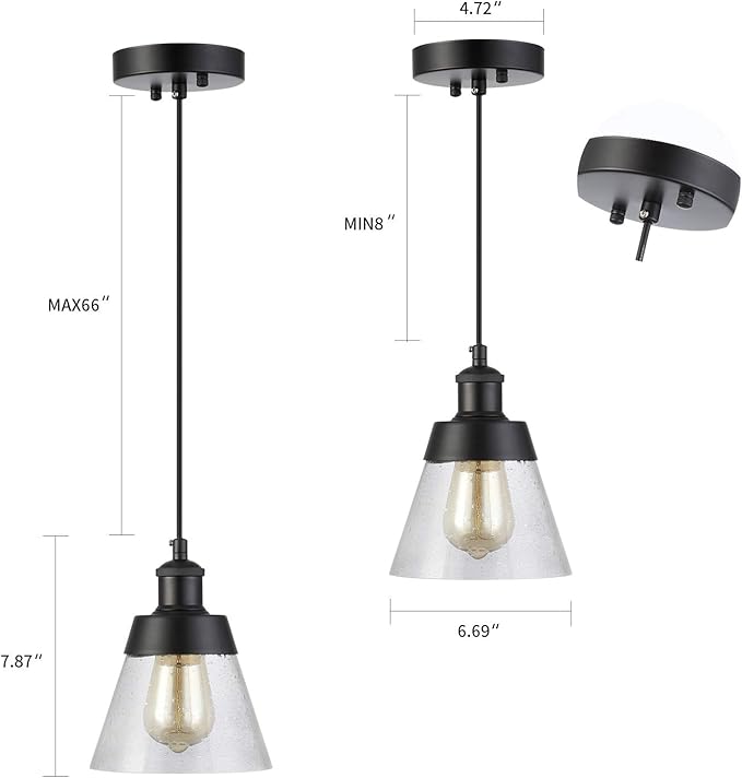 Industrial Glass Pendant Light with Handblown Clear Seeded Glass Shade, One-Light Adjustable Rustic Mini Pendant Lighting Fixture for Kitchen Island Cafe Bar Farmhouse, Black
