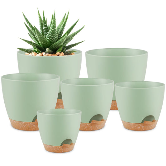 QRRICA Plant Pots 8/7/6.5/6/5.5/5 Inch Self Watering Pots, Set of 6 Plastic Planters with Drainage Holes and Saucers,Plastic Flower Pots,Nursery Planting Pot for Indoor Out Door Plants（Green）