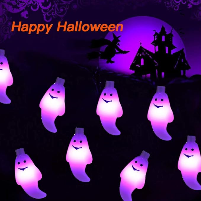 Halloween Solar String Lights, 21.3 Ft 30 LED Milky White Ghost LED Lights IP65 Waterproof for Halloween Outdoor Indoor Party Decor, Patio, Lawn, Garden, Yard