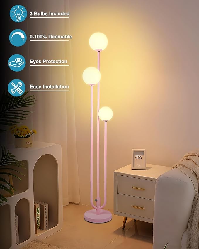 3-Light Pink Floor Lamp Dimmable, Unique Candle Holder Style Tall Standing Lamps with 3000K G9 Bulbs for Reading, Mid Century Modern Floor Lamp for Living Room Bedroom Office
