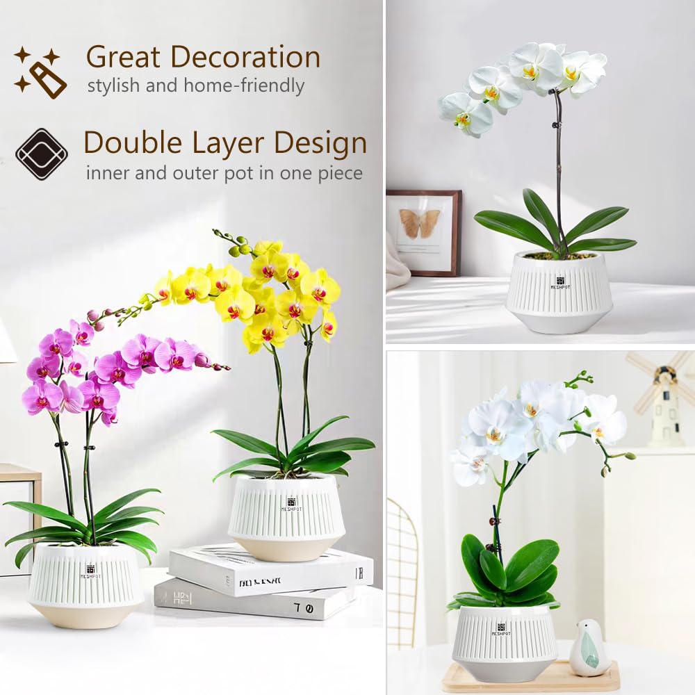 Meshpot 5 inch Orchid Pots with Holes for Repotting,Set of 3,Decorative African Violet Pots with Air-Pruning and Good Air Circulation,Plastic White Orchid Planter with Saucers
