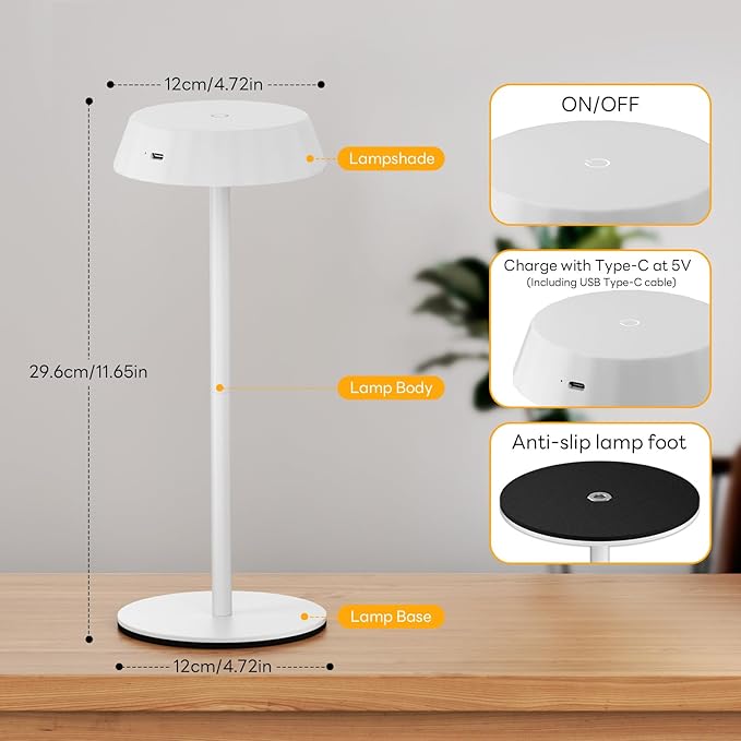 EppieBasic Cordless Table Lamp Rechargeable: Portable & Minimalist Design - 2700K Warm Light Metal Lamps for Living Room, Dining, Corner Table - White