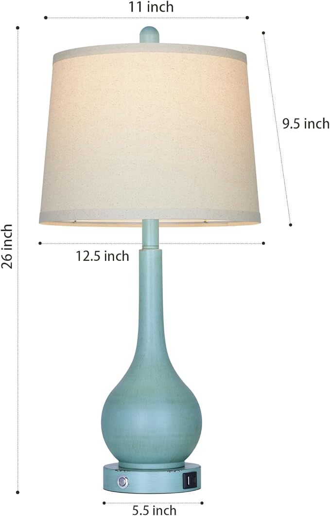 26" Coastal Table Lamps Set of 2, 3-Way Dimmable Touch Control Nightstand Lamps for Bedroom with USB A+C Ports, Modern Farmhouse Bedside Lamp for Living Room, Retro Blue (2 LED Bulbs Included)