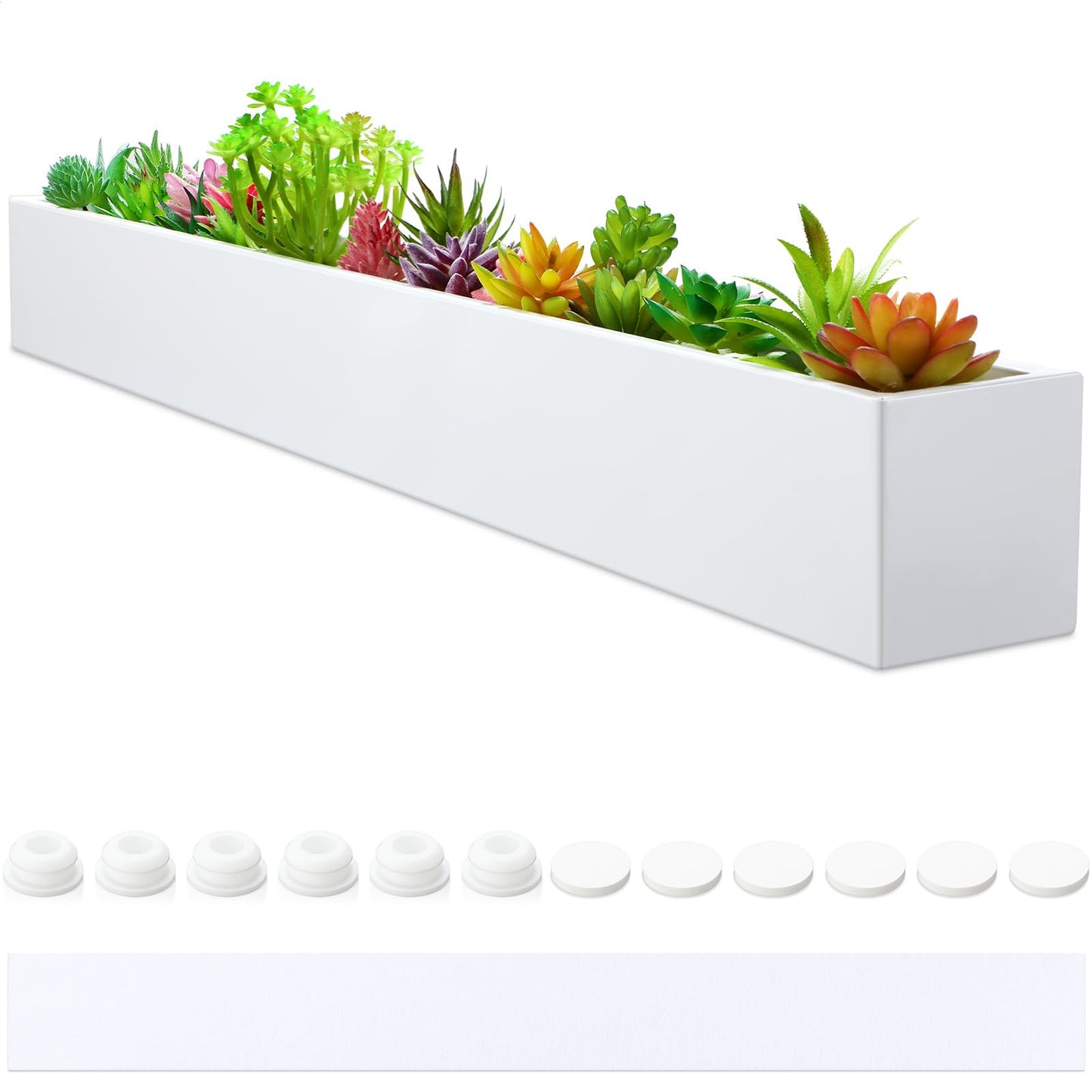 FillTouch 1 Pcs Long Rectangular Planter Box Window Sill Plant Box Metal Water Trough Indoor Large Modern Steel with Drainage Holes Herb Garden Home (32 x 3.5 x 3.5 Inch,White)