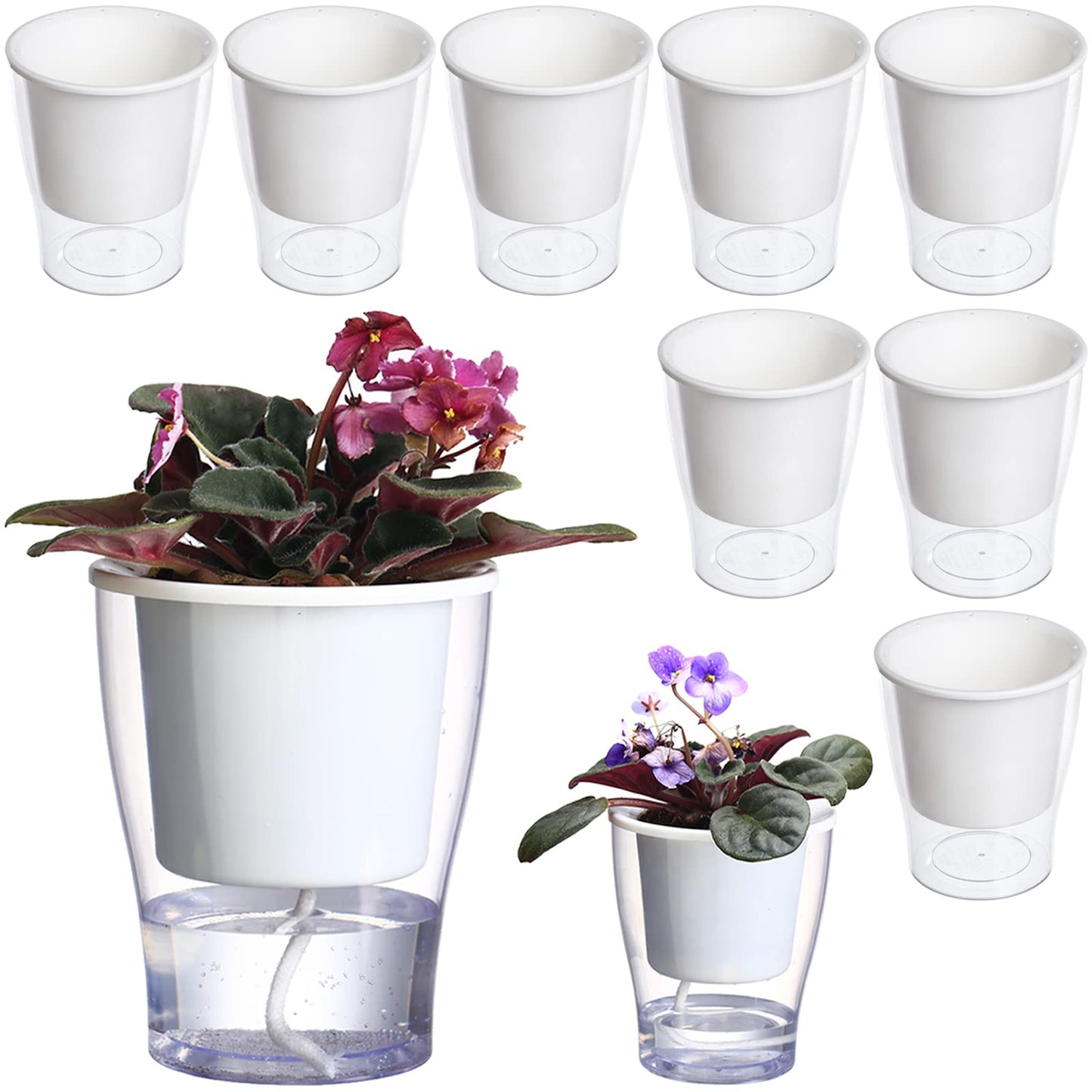 DEELF OUTLET 8-Pack 5.1 Inches Clear Self-Watering Planters Medium African Violet Pots Plastic Wick Flower Plant Pots for Indoor Plants, Spider Plant, Orchid Pot, Clear and White