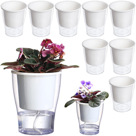 DEELF OUTLET 8-Pack 5.1 Inches Clear Self-Watering Planters Medium African Violet Pots Plastic Wick Flower Plant Pots for Indoor Plants, Spider Plant, Orchid Pot, Clear and White