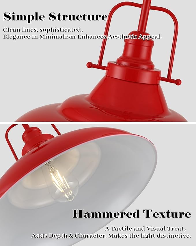 Red Pendant Light, 16 Inch Large Industrial Pendant Lights, Matte Red Pendant Lights Kitchen Island, Vintage Farmhouse Pendant Light for Kitchen Island, Dining Room, Hallway (1 Pack)