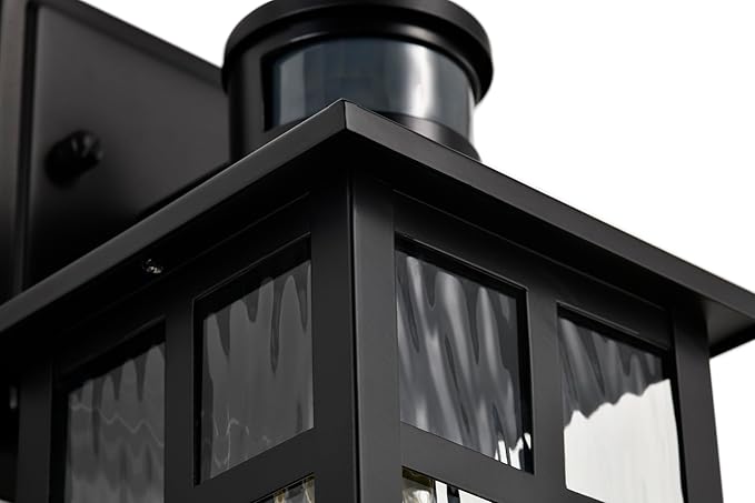 Edvivi Motion Sensor Porch Lights Outdoor, Dusk to Dawn Outdoor Lighting Wall Sconces with Water Glass, Matte Black Wall Mounted Lantern Light Wet Rated Exterior Lighting Fixtures for House 2-Pack